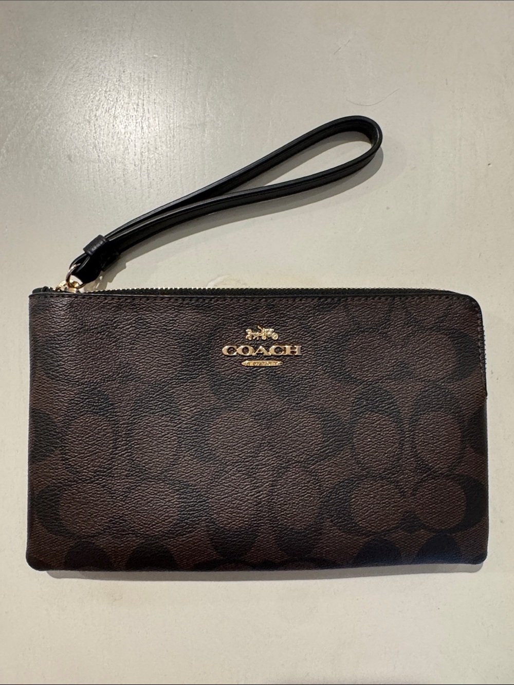 Coach Brown Signature Canvas Wristlet with Gold Logo